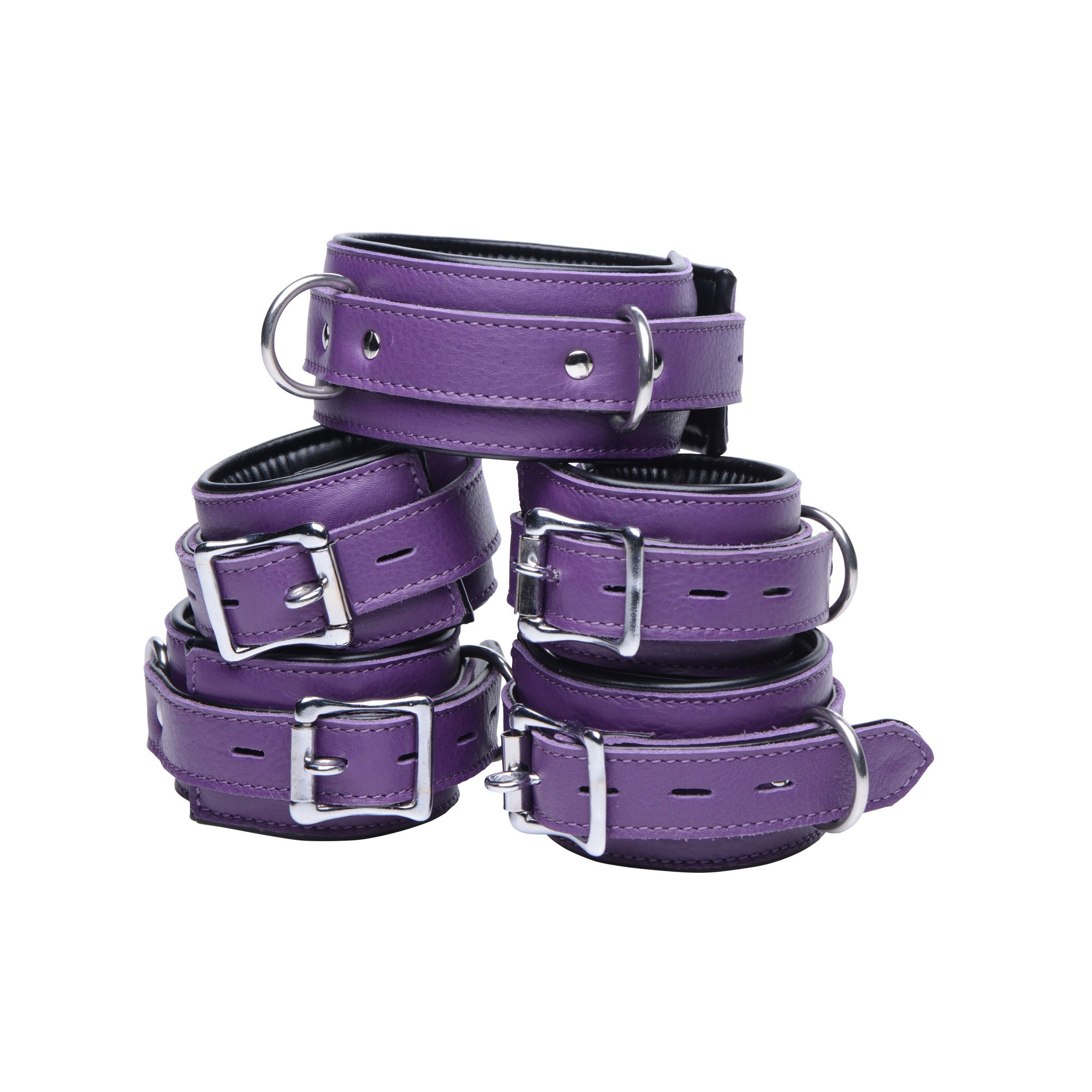 Purple 5 Piece Locking Leather Bondage Set