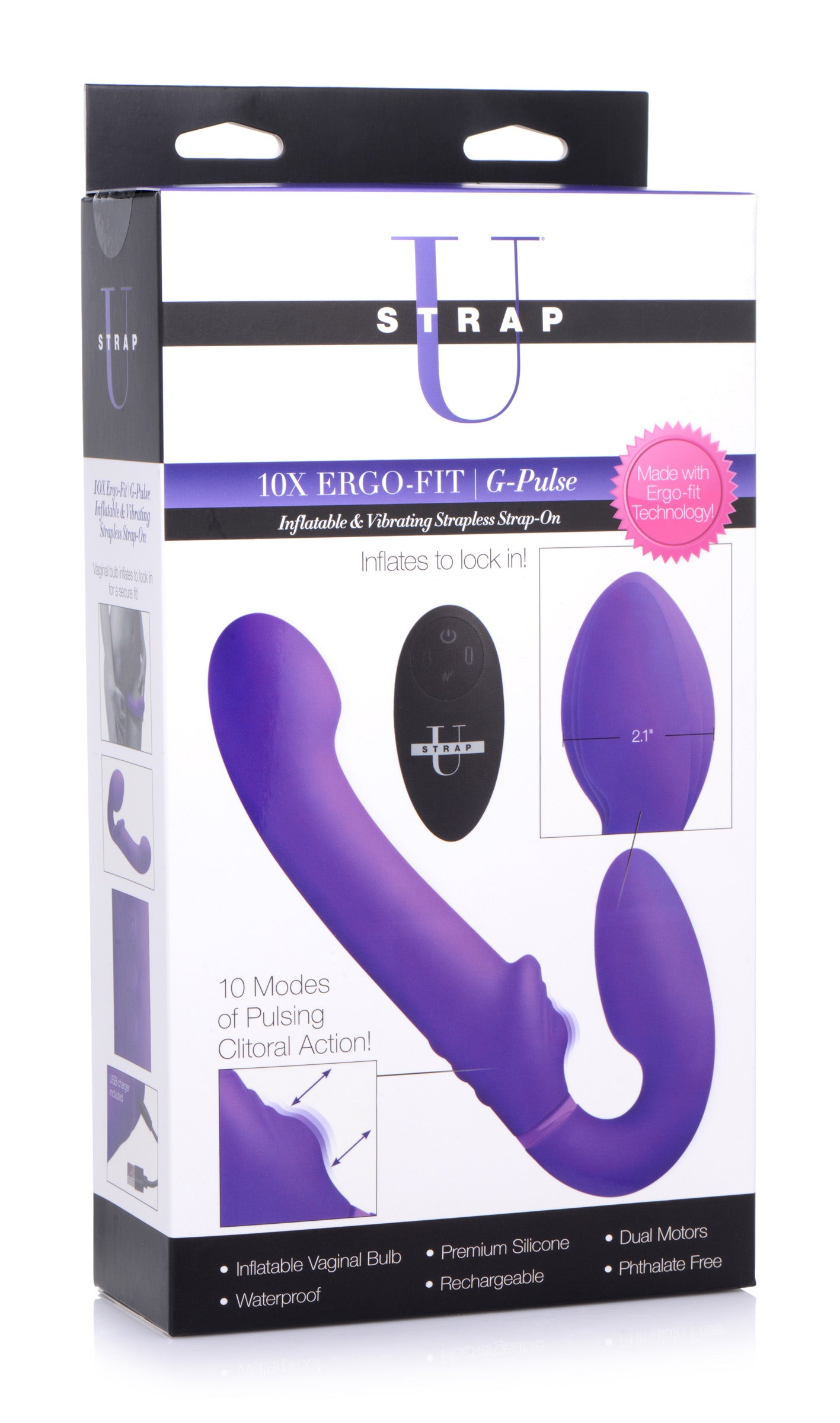 10X Remote Control Ergo-Fit G-Pulse Inflatable and Vibrating Strapless Strap-on - Purple