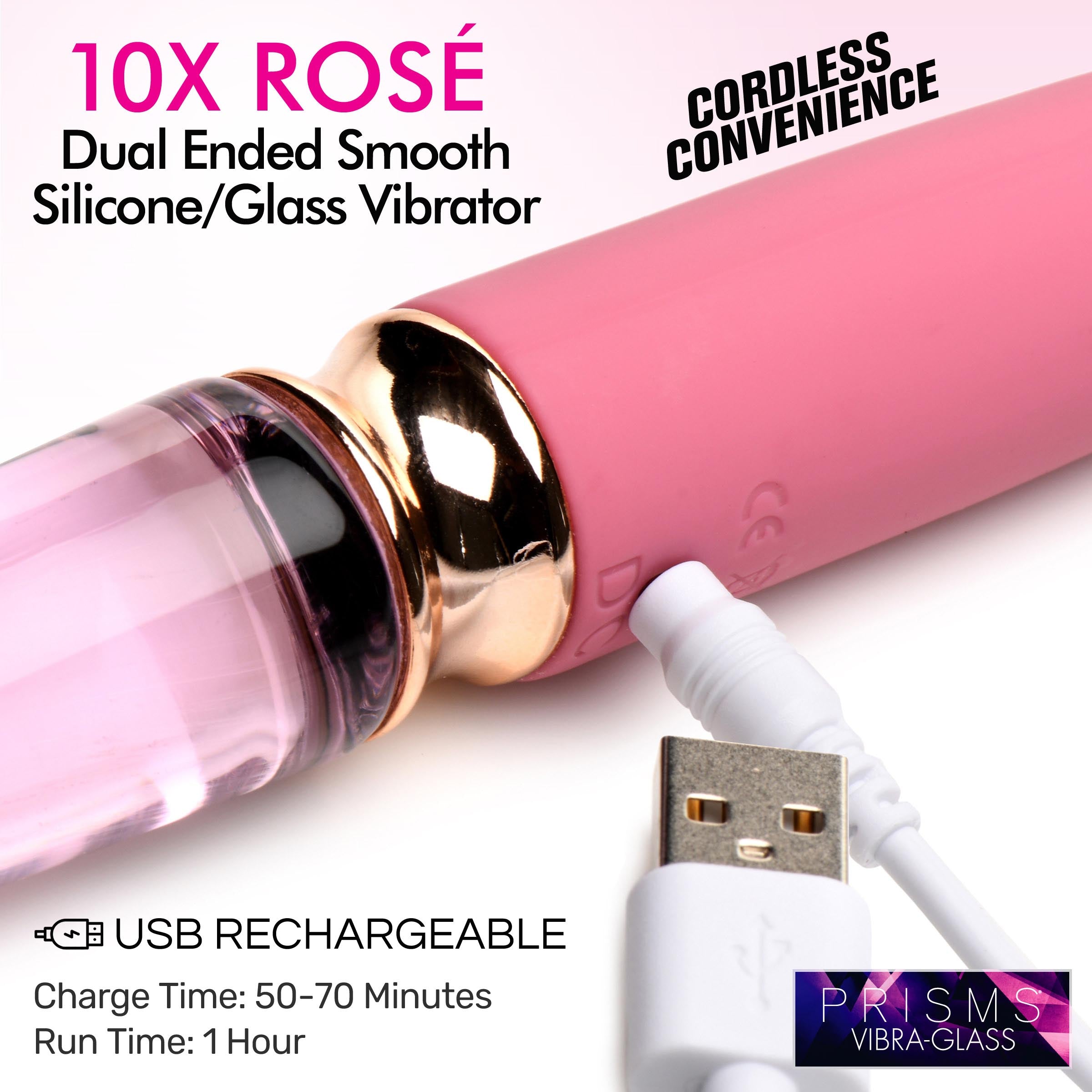 10X Rose Dual Ended Smooth Silicone and Glass Vibrator